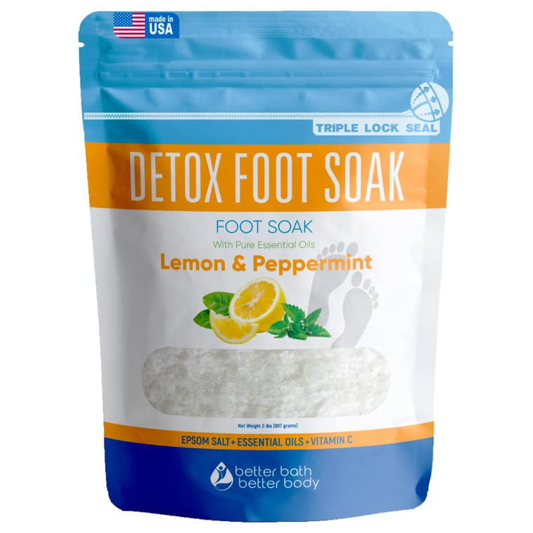 Detox Foot Soak Salts 32 Ounces with Lemon, Peppermint, Lavender Frankincense Essential Oils BPA Free Pouch with Easy Press-Lock Seal Soothe Athletes