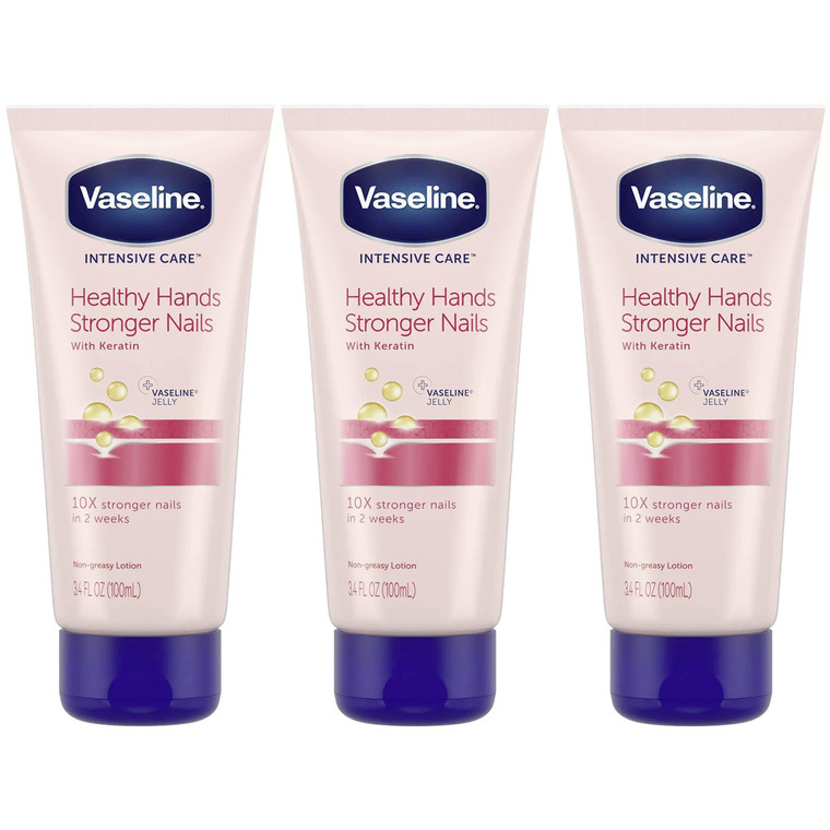 Vaseline Lotion, Healthy Hands Stronger Nails with Keratin 3-Pack  Intensive Care Hand Lotion with Petroleum Jelly, 3.4 Oz Ea