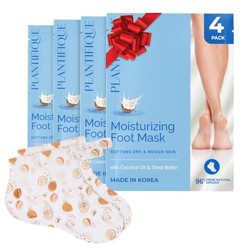 PLANTIFIQUE Korean Foot Mask with Shea Butter 4 Pairs box for Dry & Cracked Feet | Hydrating Socks for Soft Heels | Intense Moisturizing and Repairin
