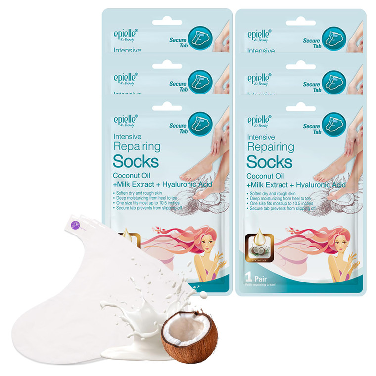 Epielle Intensive Repairing Foot Mask 6 Pairs, Renew and Soften with Coconut Oil & Milk Extract, Deep Moisturizing Socks for Dry, Cracked Feet, Self
