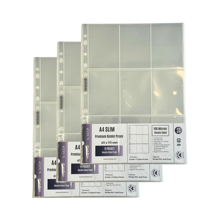 Meowcafe K-Keep Double Sided A4 Slim 9 Pocket Premium Kpop Photocard Binder Pages, 65x93mm Pocket Size, 11 Holes, 100 Micron, Generic Fit 3 Ring Offi