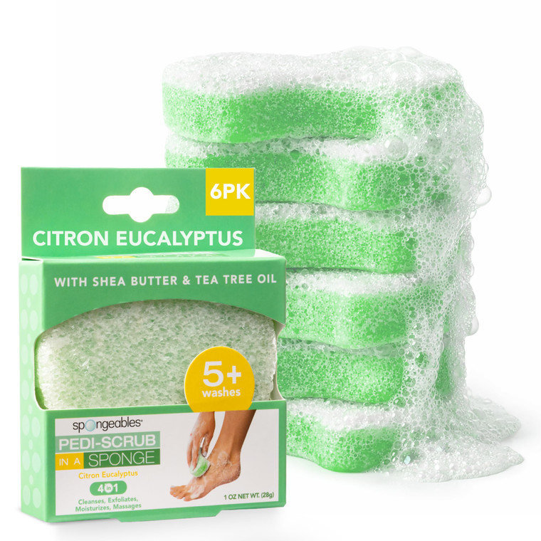 Spongeables Pedi Scrub Foot Exfoliating 5+ Wash Sponge, Citron Eucalyptus, 6 Count