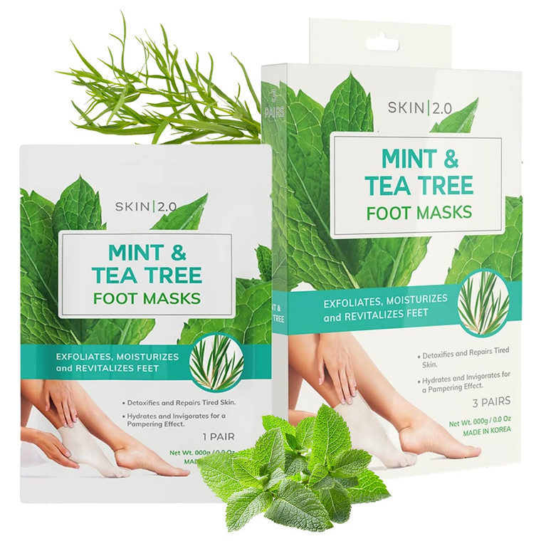 Skin 2.0 Tea Tree & Mint Foot Masks - Fights Athlete's Foot, Detoxifies & Exfoliates, Cooling & Relaxing - Dermatologist Tested Korean Skincare - Cle