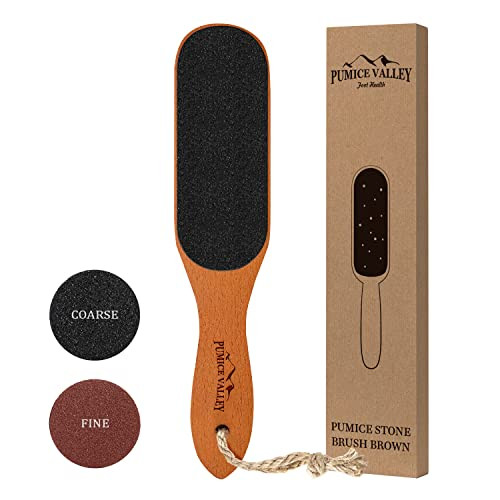 Pumice Stone Foot File - Wooden Pedicure Feet Scrubber with Handle for Callus, Dry, and Dead Skin Removal - Heel Scraper for Feet, Hands, and Body -