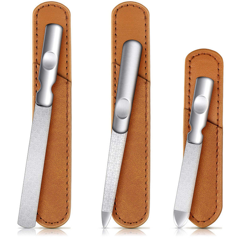 3 Pcs Stainless Steel Nail Files Kit with Leather Case, Double Sided Metal Nail Files with Anti-Slip Handle for Women and Men, Metal File Buffer Mani
