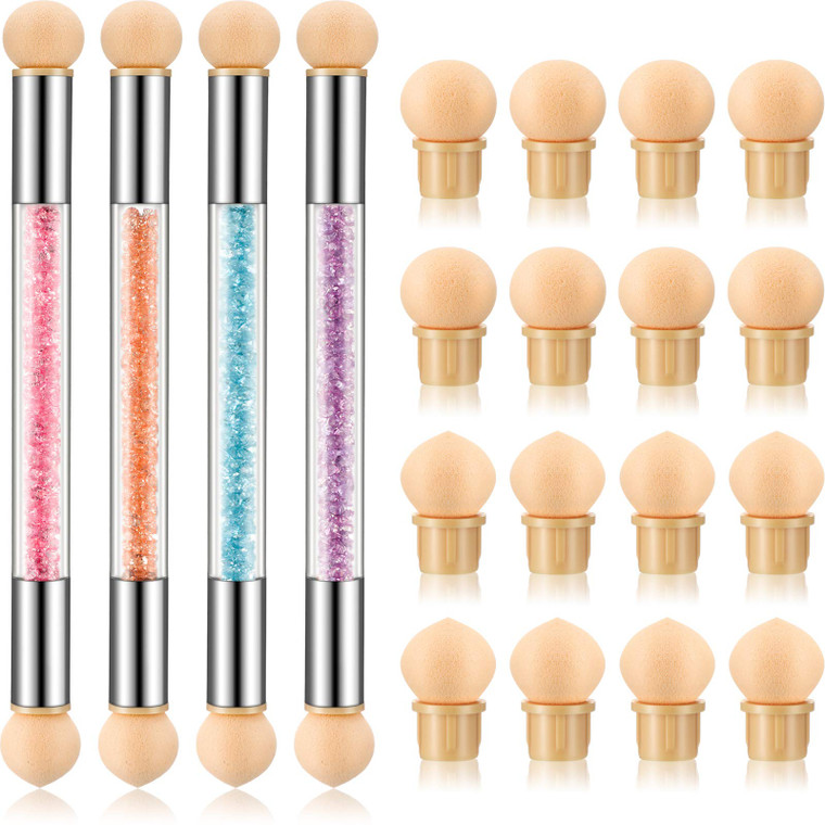 Maitys 4 Pcs UV Gel Gradient Sponges Pens with 16 Pcs Replacement Head Nail Sponges for Ombre Double Head Brush for Nail Art Manicure DIY Tools(Pink,