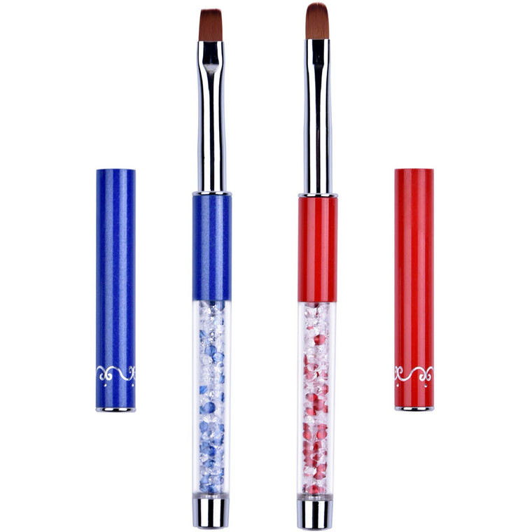 Ycyan 2Pcs Oval & Flat UV Gel Nail Brush Set Rhinestone Handle Professional Nail Art Design Brushes Multi-colored Size 8