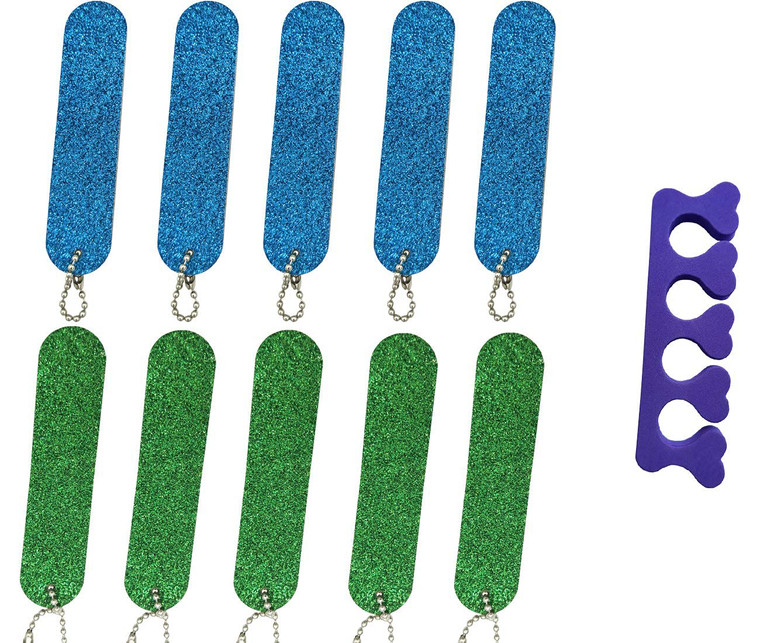 VOSAIDI 10 Pcs Professional Nail Files Nail tool Shining Blue and Green Mini Nail Colorful Files With Chain Double Sided Emery Board 180 Grit