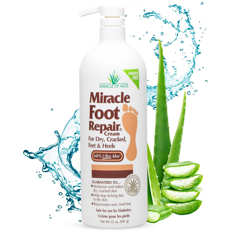 Miracle Foot Repair Cream (32 oz) Repairs Dry Cracked Heels and Feet, 60% Pure UltraAloe Moisturizes, Softens, and Repairs