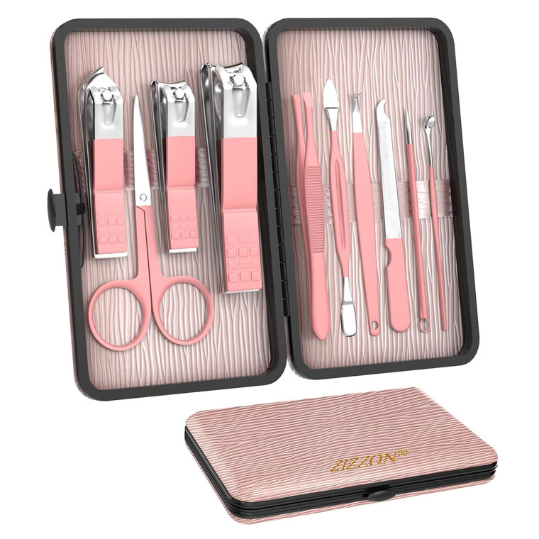 ZIZZON Travel Mini Manicure Set Nail Clipper Set 10 in 1 Stainless Steel Pedicure Care Grooming kit with Case Pink