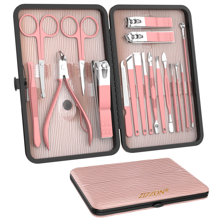 ZIZZON Manicure Set 18 in 1 Professional Pedicure Set Nail scissors Grooming Kit with Leather Travel Case Pink