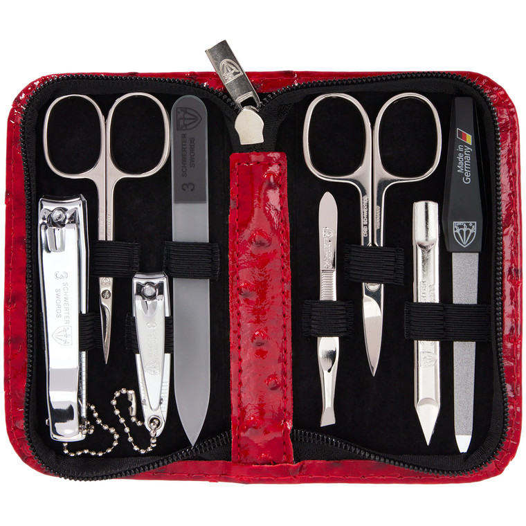3 Swords Germany - brand quality 8 piece manicure pedicure grooming kit set synthetic leather case red ostrich - Made in Germany