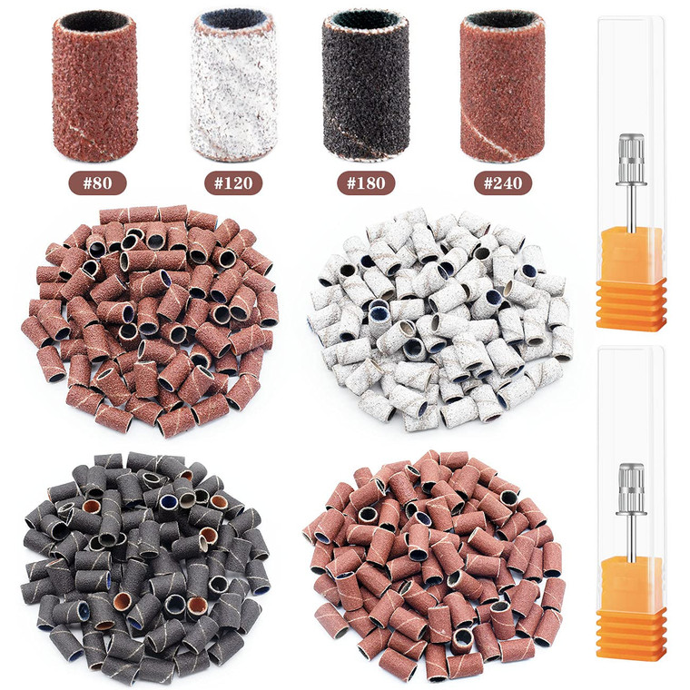 Rolybag Sanding Bands for Nail Drill 240 Pieces 3 Color Coarse Fine Grit Efile Sand Set 80#120#180#240#,2 Pieces 3/32 Inch Nail Drill Bits for Manicu
