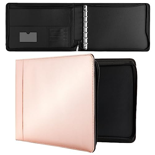 Juvale 7-Ring Check Binder - 15 x 10.7 x 2 in, Rose Gold Faux Leather, Zippered - Business Check Binder with 7 Rings - Portfolio Organizer & Document