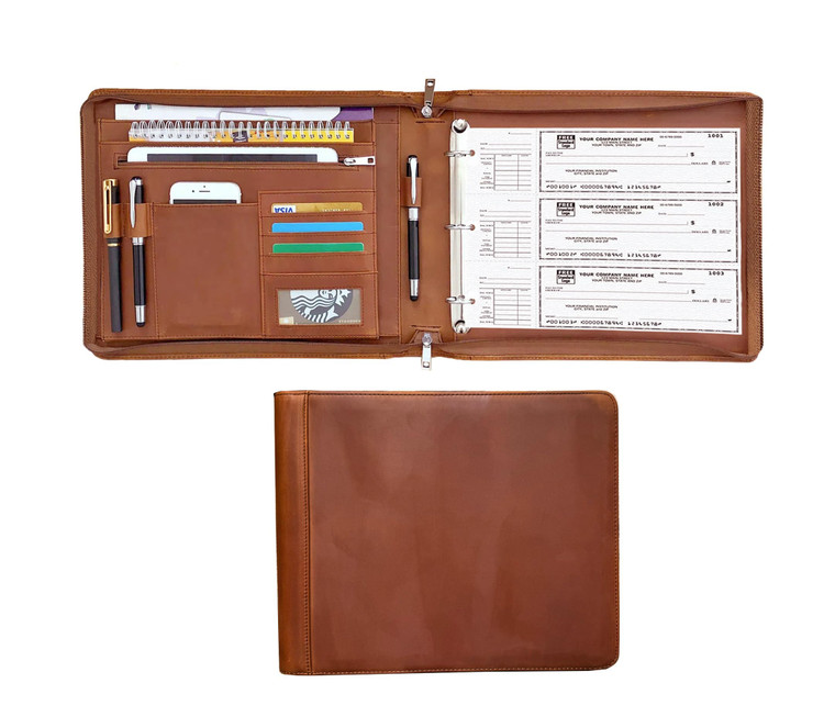 Business 3 Ring Check Binder, Genuine Leather Check Book Portfolio for 3 Holes or 9 Holes Checks, Check Book Binder for 11 1/4"x9", Crazy Horse Leath