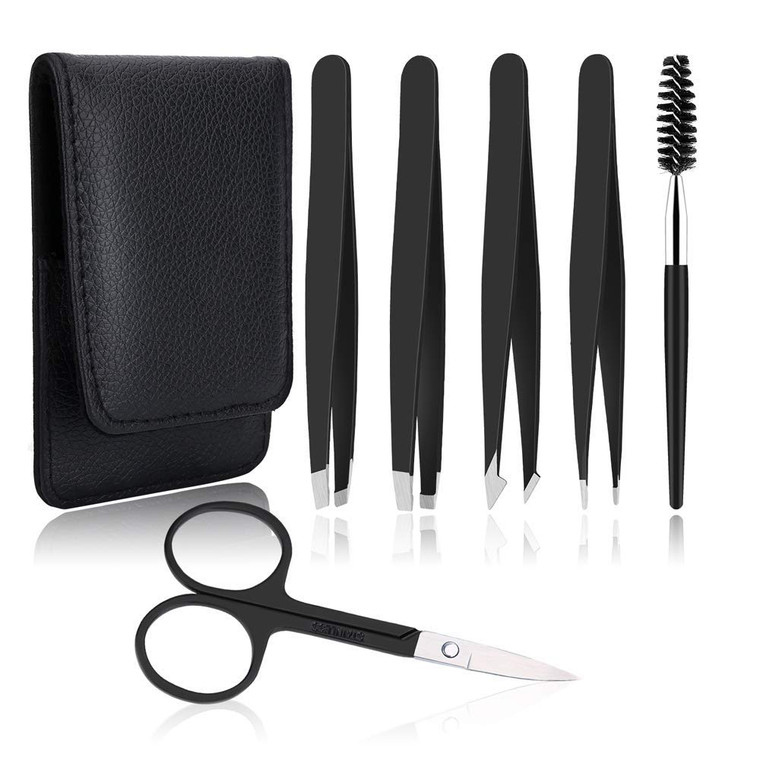 UUBAAR 6 PCS Professional Tweezers Set - Stainless Steel Precision Tweezer Kit for Eyebrows, Facial Hair, Ingrown Hair & Splinter Removal with Travel