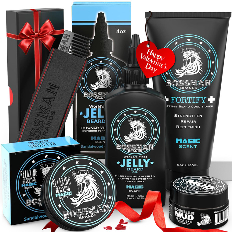 Bossman Complete Beard Kit  Men's Beard Oil Jelly, Fortifying Shower Conditioner, Balm, Mustache Wax & Comb  Beard Softener & Grooming Care  Men G
