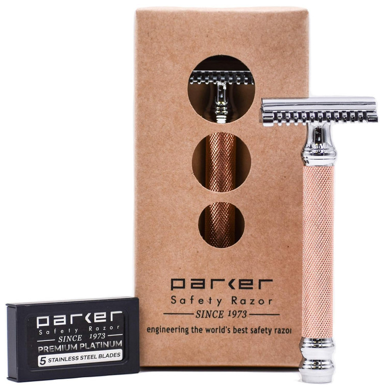 Parker Open Comb Double Edge Safety Razor  Heavyweight Chrome Handle for Closer Shaves  Includes 5 Razor Blades  Ideal for Men or Women (Rose Gold