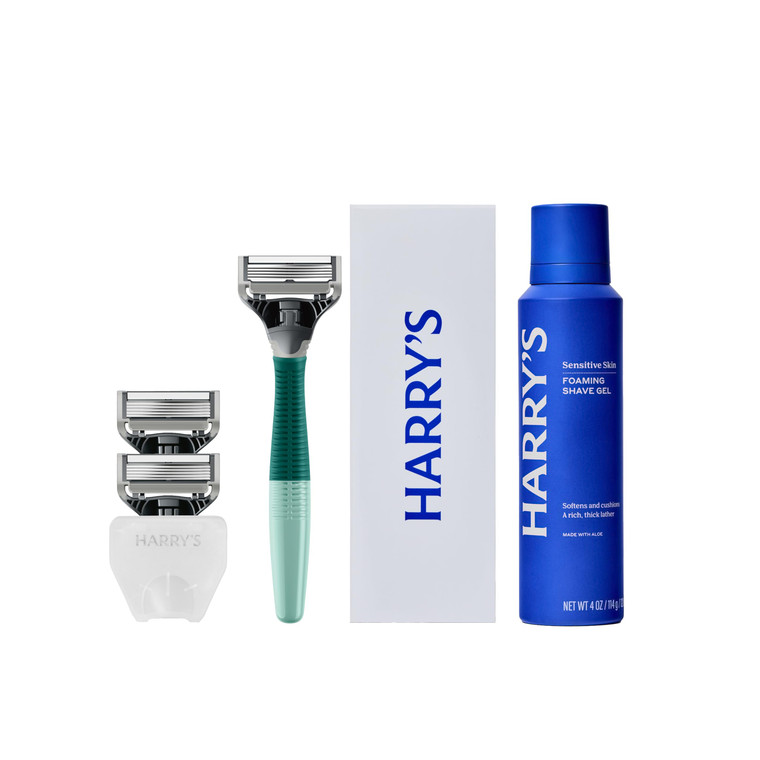 Harry's Original Shaving Kit for Men - 1 Razor Handle, 3 Razor Blade Refills, Foaming Shave Gel, and Travel Blade Cover - German Engineered - Sage