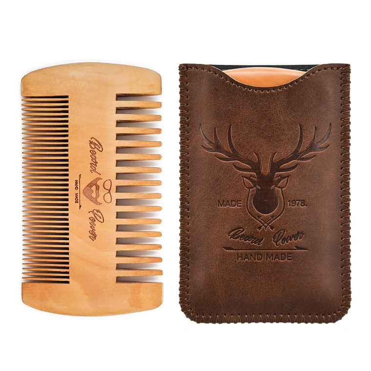 Menesia Wooden Comb with Durable Case - Fine & Coarse Teeth, Pocket Comb for Beards, Mustaches & Hair, Brown Deer Design