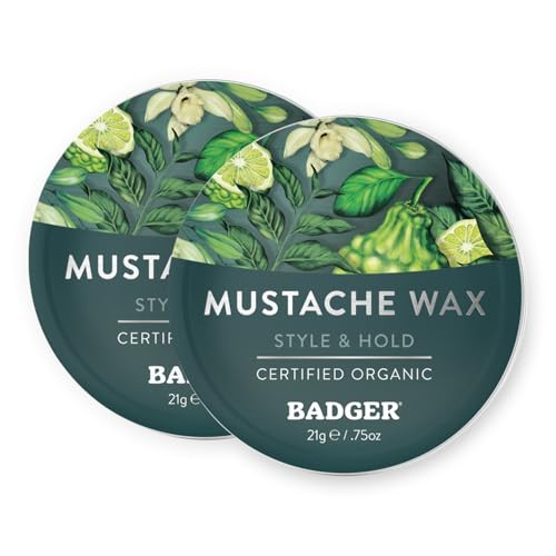 Badger Mustache Wax, Medium Hold, Light Masculine Scent, Easy to Apply, Certified Organic Versatile Moustache & Beard Wax, .75 oz Tin, 2-Pack