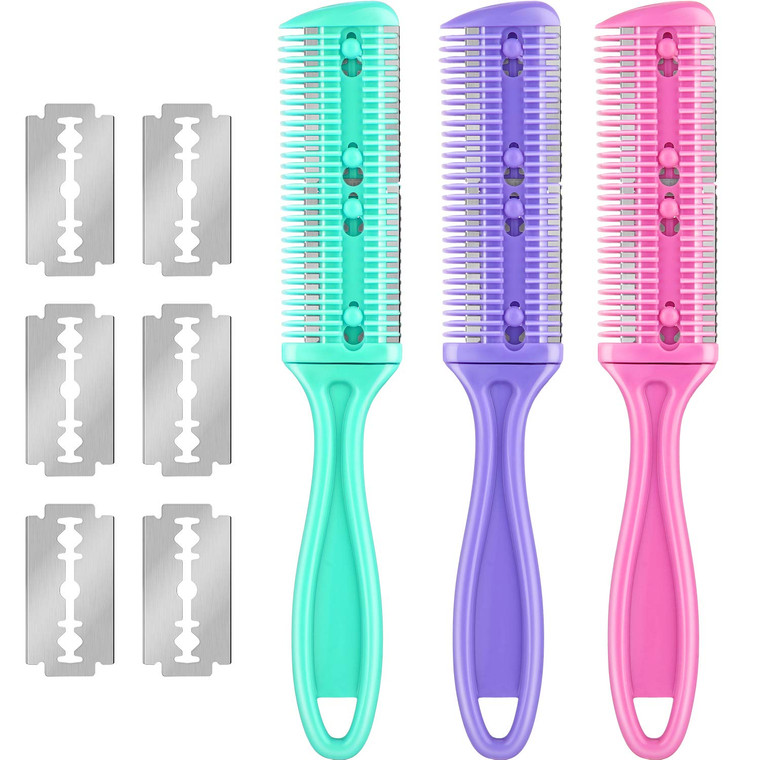 Maitys 3 Pcs Haircut Razor Comb Hair Cutting Comb with 12 Replacement Blades Double Edge Shaper for Salon & Home Styling Split Ends Trimmer Styler fo