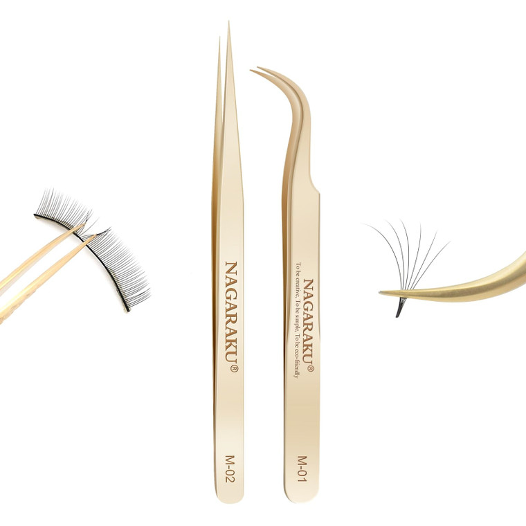 NAGARAKU Tweezers for Eyelash Extensions Straight and Curved Precision Professional Volume Easy Fanning lash Precise Point 1 Pair Tweezers for Lash(M