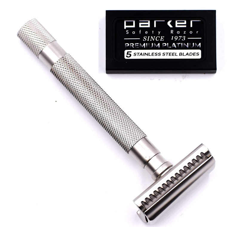 Parker Semi-Slant Safety Razor  Satin Chrome Finish | Smooth, Efficient Double Edge Wet Shaver for Men | Slanted Cutting Action + 5 Platinum Blades