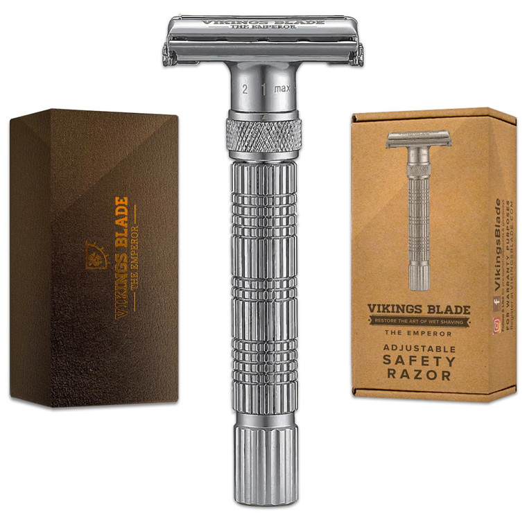 VIKINGS BLADE Adjustable Double Edge Safety Razor + Luxury Case. Smooth, Reusable, Eco-Friendly (The Emperor Frosted Chrome)