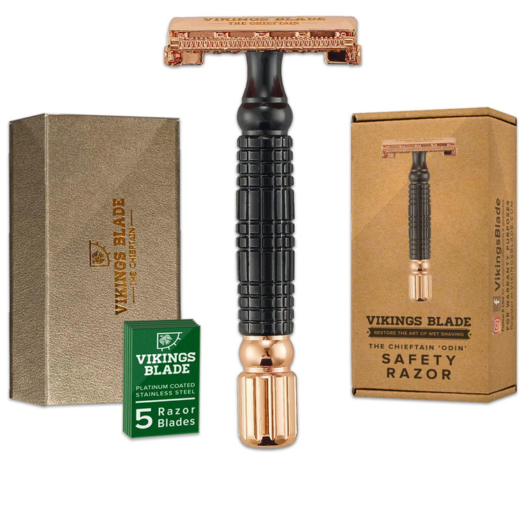 VIKINGS BLADE Double Edge Safety Razor for Men + 5 Swedish Steel Blades + Luxury Case. Smooth, Reusable, Eco-Friendly (Chieftain Odin)