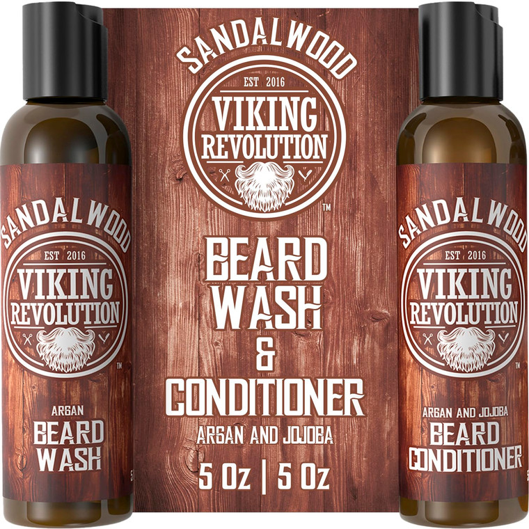 Viking Revolution Beard Wash & Beard Conditioner Set w/Argan & Jojoba Oils - Softens & Strengthens - Natural Beard Shampoo w/Beard Oil Sandalwood (5o