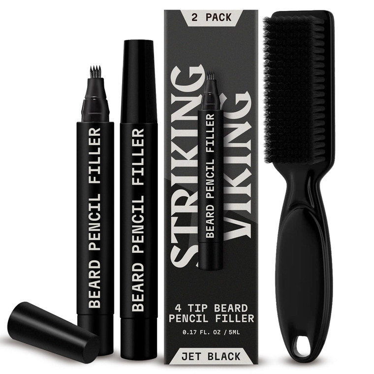 Striking Viking Beard Pencil Filler - Jet Black, 2-Pack with Soft Bristle Brush - Barber Pencil Tip for Gap Repair - Realistic Hair Strokes with Bear