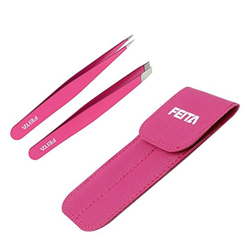 Precision Tweezers for Eyebrows - FEITA Professional Stainless Steel Slant & Pointed Eyebrow Tweezer Set with Travel Case for Woman Facial Hair Remov