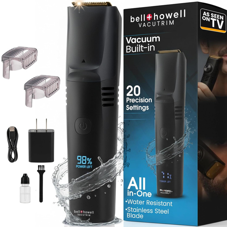 Bell+Howell Vacutrim Deluxe Cordless Mens Beard Trimmer, Rechargeable Electric Shaver with 20 Trim Setting and Built-in Vacuum for Mustache, Sideburn