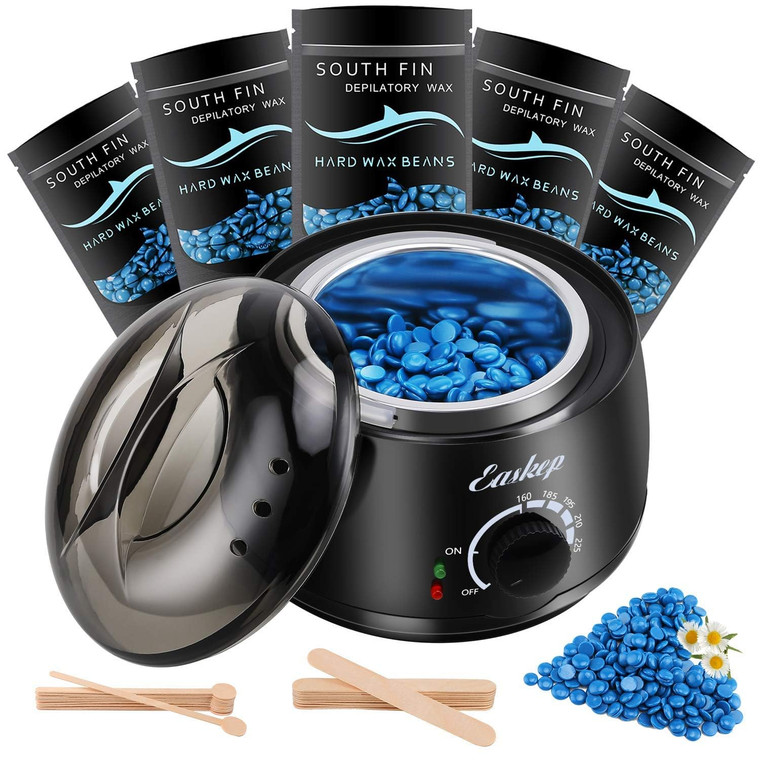 Waxing Kit Wax Warmer Easkep - Wax Kit Hair Removal 6 Adjustable Temperature with 5 Packs Hard Wax Beads and 20 pcs Wooden Applicator Sticks Painless