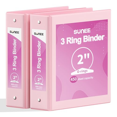 SUNEE 3 Ring Binder 2 Inch 2 Pack, Clear View Binder Three Ring PVC-Free (Fit 8.5x11 Inches) for School or Office Supplies, Pink