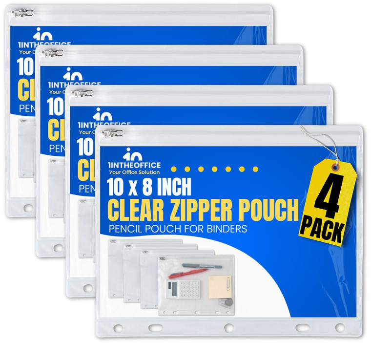 1InTheOffice Pencil Pouch for 3 Ring Binder, Binder Pencil Pouch, Zipper Pencil Pouch, 10" x 8", Clear, 4 Pack