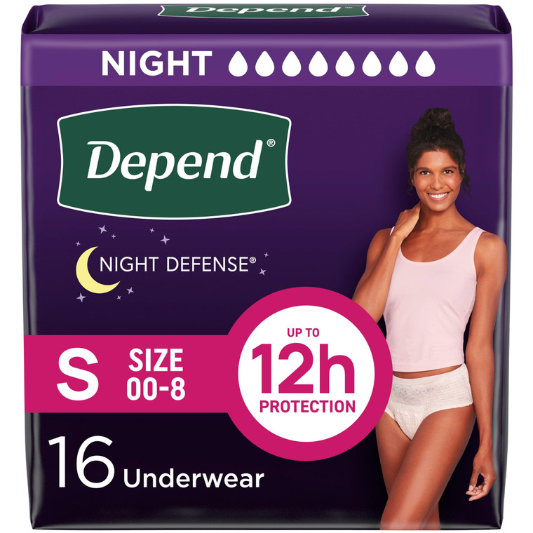 Depend Night Defense Adult Diapers, Incontinence & Postpartum Bladder Leak Underwear for Women, Disposable, Overnight, Small, Blush, 16 Count, Packag