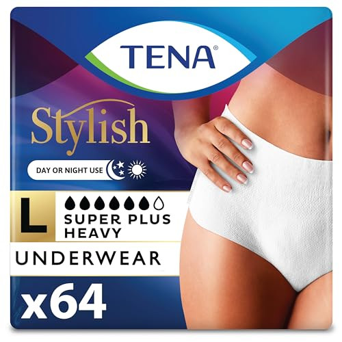 TENA Stylish White Incontinence Underwear for Women, Super Plus Heavy Absorbency, Large, 64 Count
