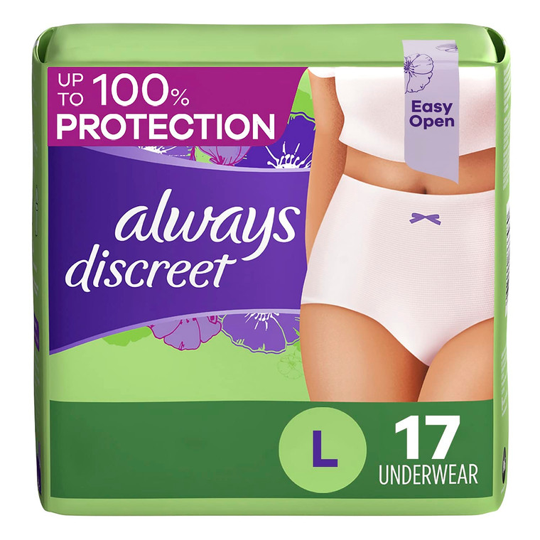 Always Discreet, Incontinence & Postpartum Underwear For Women, Classic Cut, Size Large, Maximum Absorbency, Disposable, 17 Count