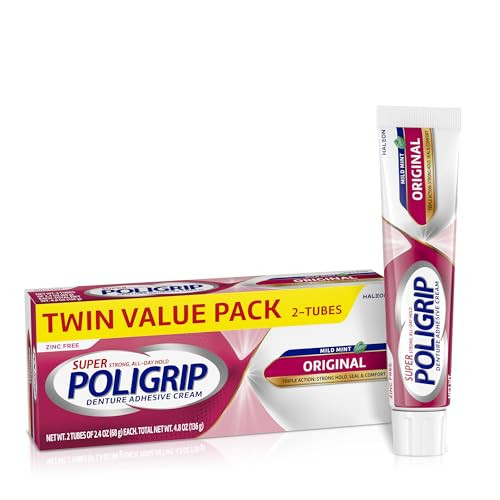 Super Poligrip Original Formula Zinc Free Denture and Partials Adhesive Cream, 2.4 ounce (Twin Pack)