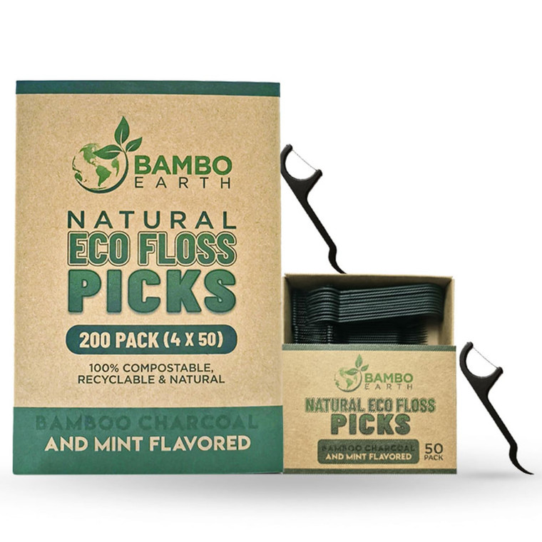 Natural Dental Floss Picks - Eco Friendly Cruelty Free & Vegan Tooth Flossers Pick Set with BPA Free Handle & Zero Waste Packaging - 200 Pack (Bamboo