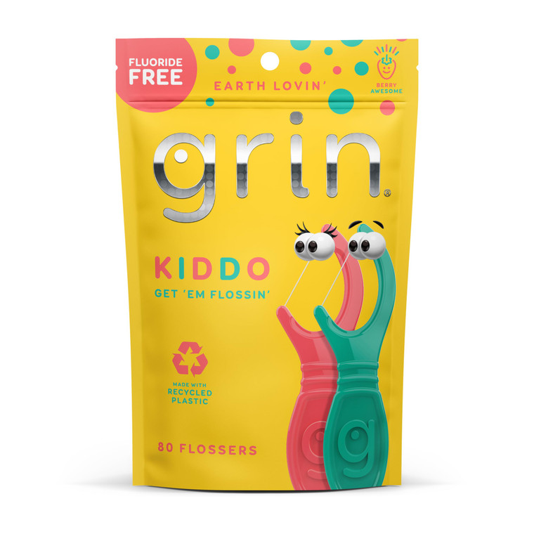 GRIN Kiddo Flossers, Berry Awesome Flavor, Recycled Plastic, Jumbo Grip, Get Your KIDDOS Flossin Early, Larger Floss Head, Child Safe! 80 Count, Flo