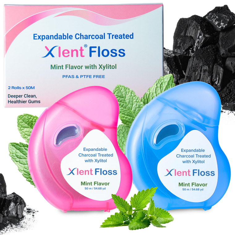 Expandable Dental Floss Treated with Activated Charcoal with Xylitol and Natural Plant Based Wax | Mint Flavor | PFAS & PTFE Free | Pack of 2 (50 m F
