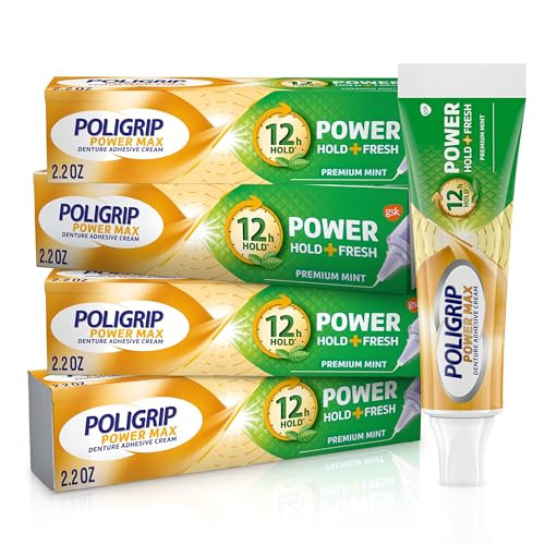 Poligrip Power Max Power Hold + Fresh Denture Cream, Premium Peppermint - 2.2 oz x 4
