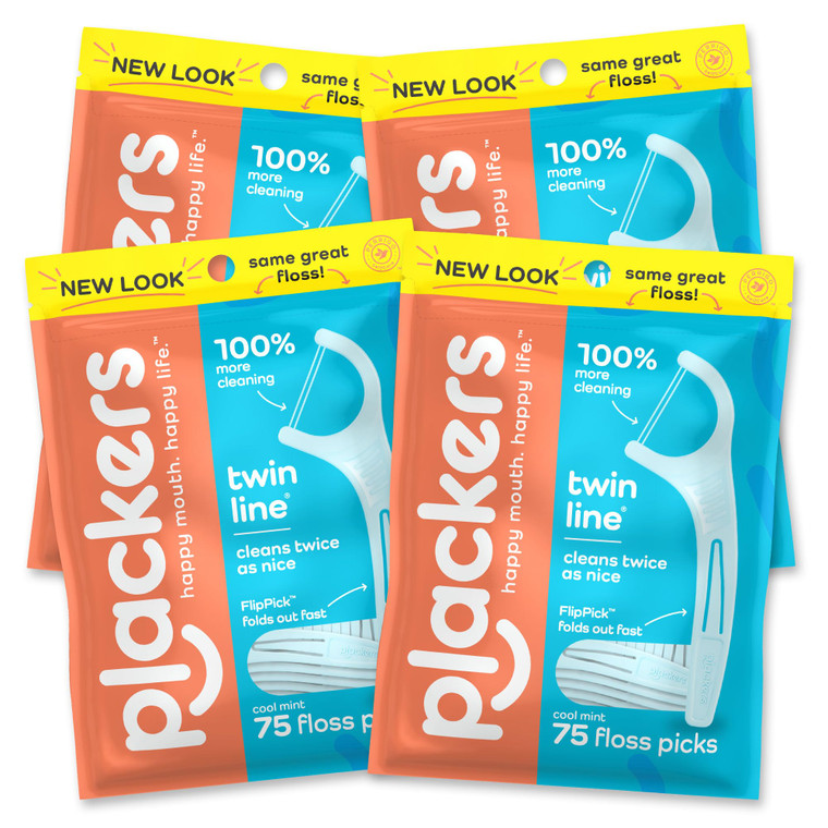 Plackers Twin Line Dental Floss Picks, Dual-Line Tuffloss, Easy Storage, Cool Mint Flavor, 75 Count (Pack of 4)