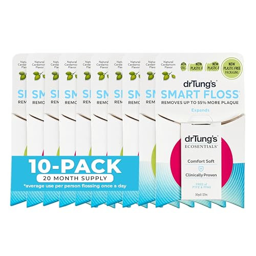 DrTung's Smart Floss - Natural Floss, PTFE & PFAS Free Floss, Gentle on Gums, Expands & Stretches, BPA Free - Cardamom Flavor, Colors Vary (10 Pack)