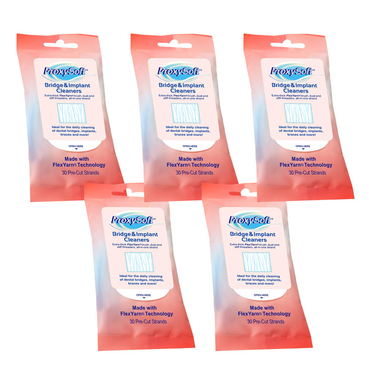 Proxysoft Dental Floss for Bridges and Implants 5 Packs - Floss Threaders for Bridges, Dental Implants, Braces with Extra-Thick Proxy Brush for Optim