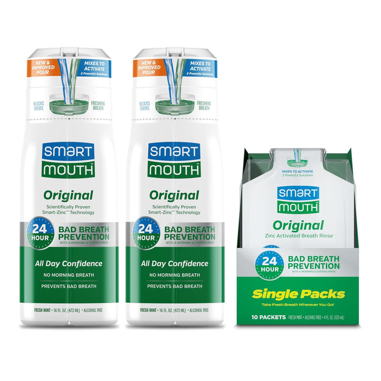 SmartMouth Original Activated 2-Pack Mouthwash & Single Packs, Travel Mouthwash, Fresh Mint