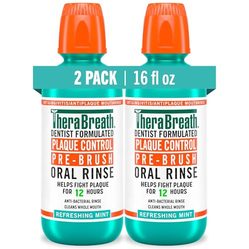 TheraBreath Plaque Control Pre-Brush Oral Rinse, Refreshing Mint Flavor, Antigingivitis and Antiplaque Rinse, Dentist Formulated, Alcohol Free, 16 Fl